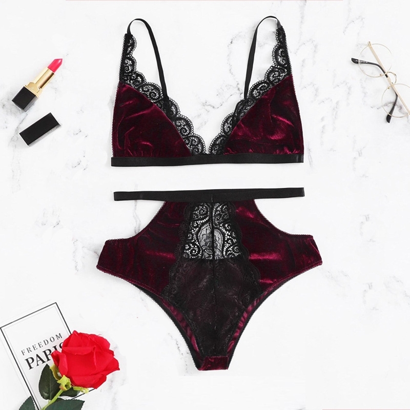 

2019 lace stitched golden velvet two-piece sexy underwear, Red