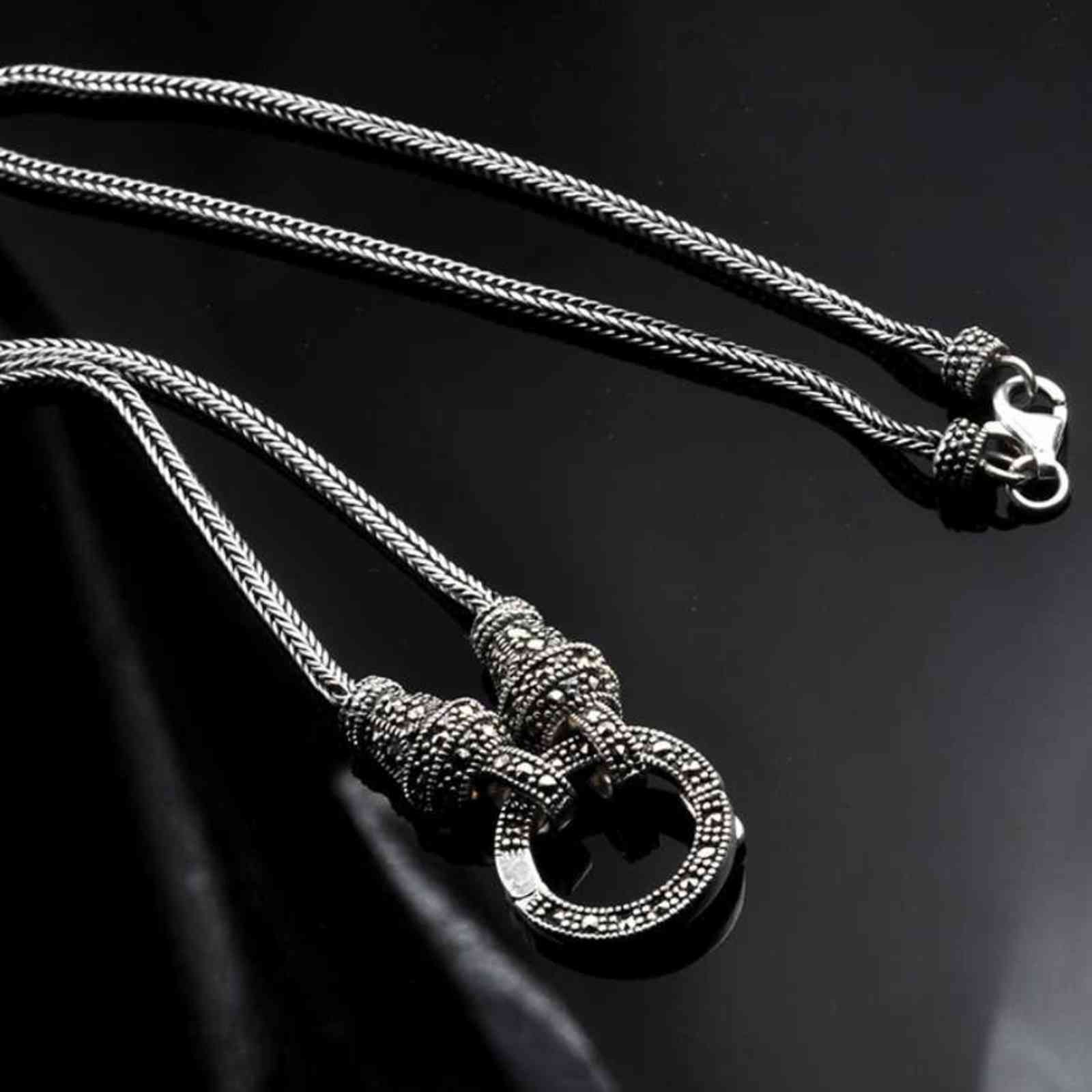 

Real Silver Long Chain Retro Necklace Women S925 Sterling Silver Marcasite Stone Pendant Necklace Thai Silver Necklace Jewelry H1122