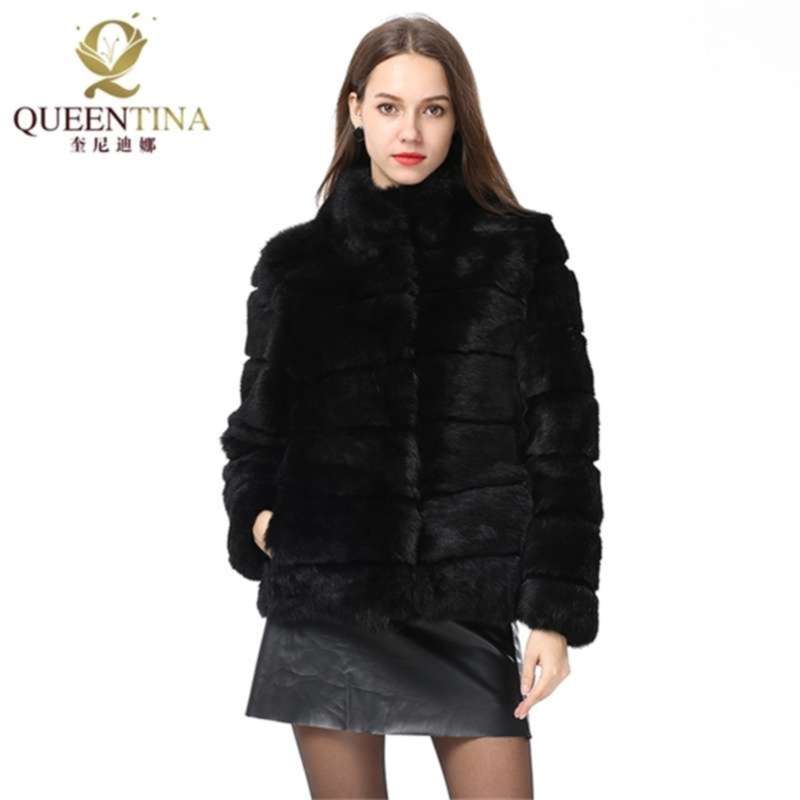 Whole Full Pelt Rabbit Fur Coat Stand Collar Jacket Real Winter Women Fashion Waistcoat Natural 210927