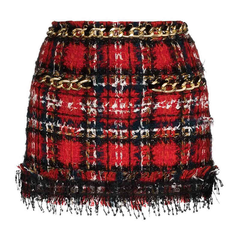 

HIGH STREET est Designer Skirt Women' Chain Sequined Fringed Tassel Plaid Tweed Mini 210521, Beige