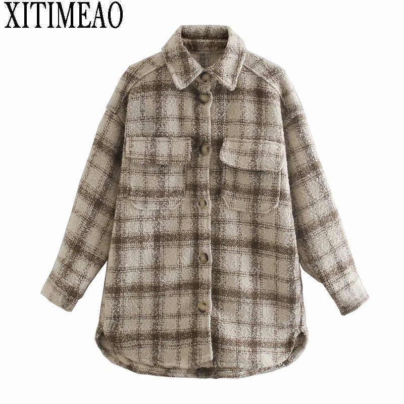 

Women Autumn Woollen Blends Coats Winter Casual Long Sleeve Turndown Collar Single Breasted Plaid Shirt Loose Overcoats 210602, As picture
