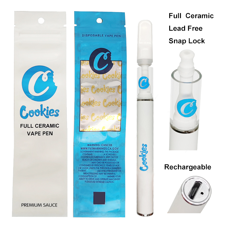 

Cookies Full Ceramic Disposable Vape Pens Snap Lock E-cigarettes 0.5ml Glass Tank Thick Oil Cartridges 290mAh Rechargeable Vapes Battery Lea