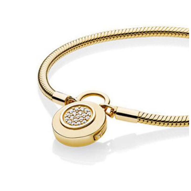 

Luxury Fashion Yellow gold CZ diamond Bracelets Original box for Pandora 925 Silver Lock Snake Chain Bracelet Women jewelry