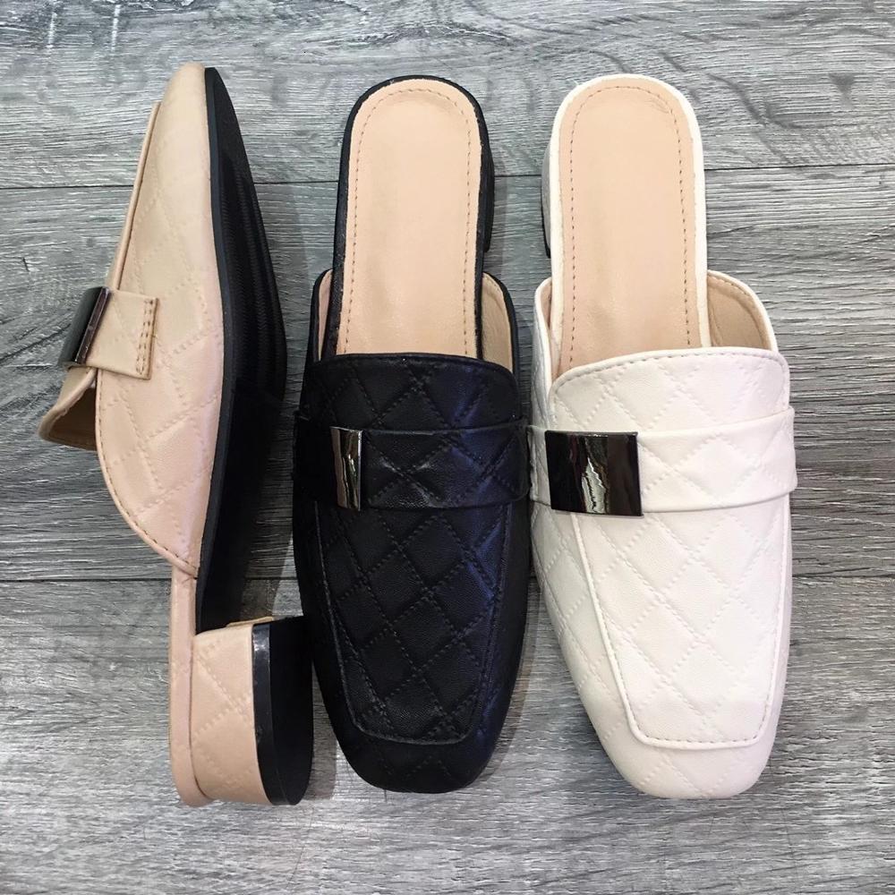

Slippers Fashion Women Mules Shoes Square Toe Ladies Casual Flat Low Heels Slides Summer Beige/Black Slip On Loafers I82I