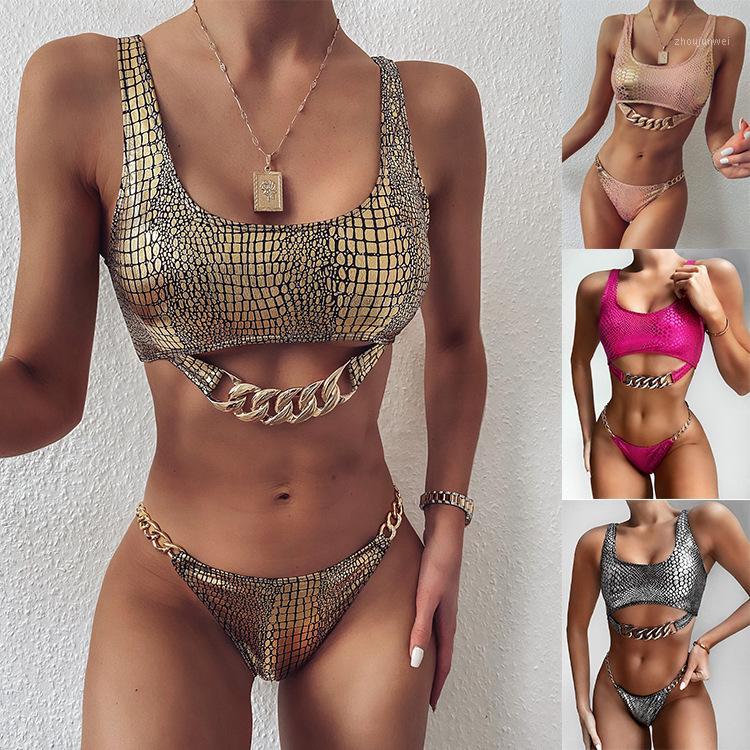 

Colour 2021 Arrival Women Swimwear Pink Rose Red Silver Sexy Bikini Bodysuits Bandage Swim Suit Knitted Biquini Wholesale, Gold