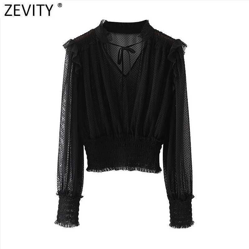

Zevity Spring Women Sexy Perspective Dots Mesh Blouse Female V Neck Pleated Ruffles Puff Sleeve Shirt Chic Bow Tops LS7561 210603, As pic ls7561xz