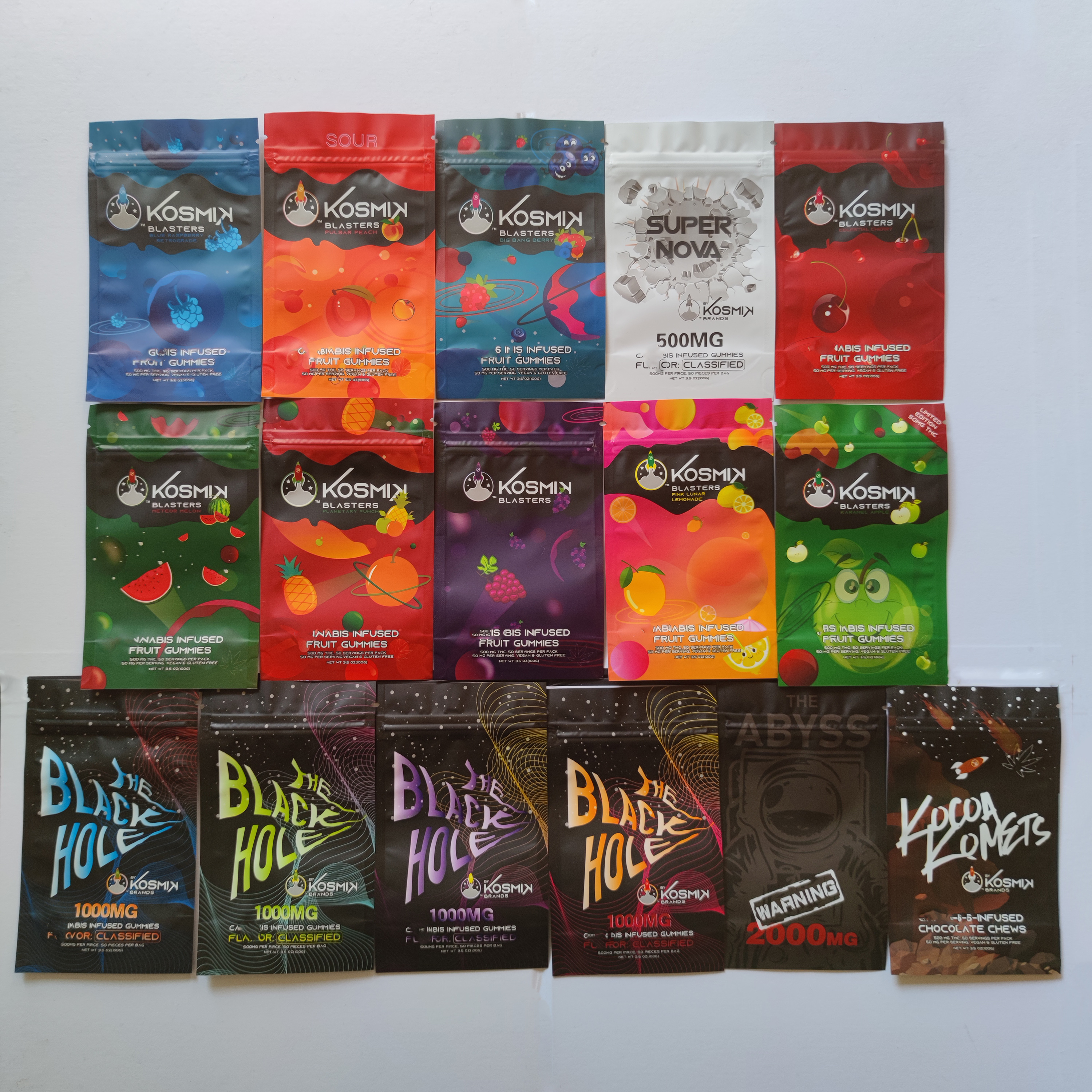

Kosmik blasters sour fruit gummies packing bags 500mg 1000mg 50 servings per pack 50mg per 3.5oz resealable mylar Edibles Infused Gummy zipper package bag newest