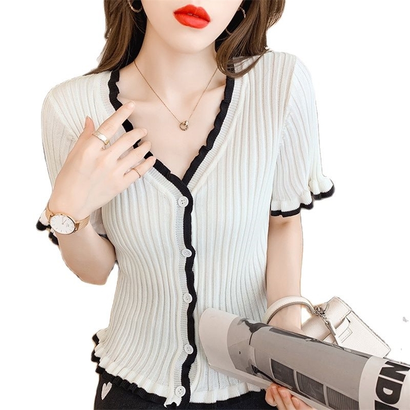 

Fashion women' knitted cardigan summer style v-neck short-sleeved thin short slim top 210520, White