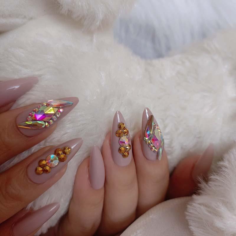 

False Nails High-end Fashion Handmade Khaki Crystal Diamond Long Pointed Fake 24pcs, Red;gold