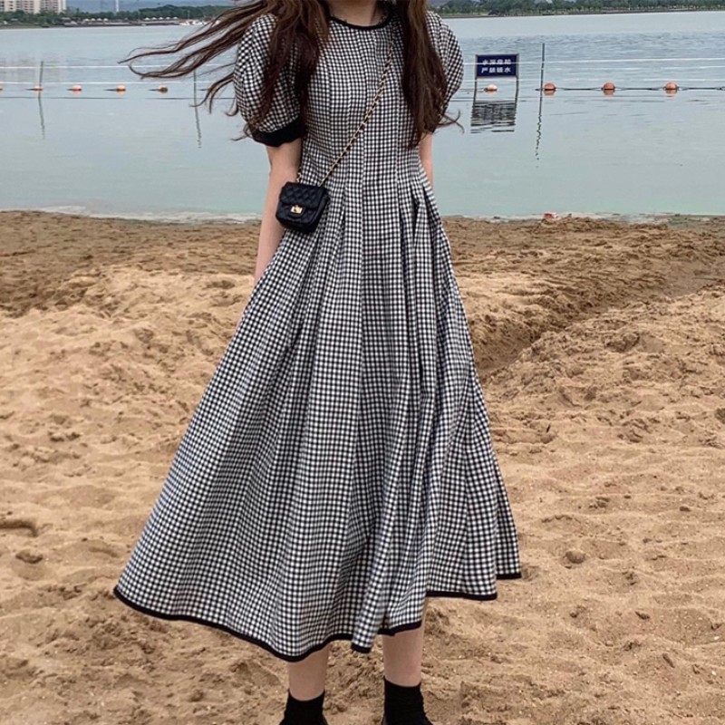 

Korea Chic Plaid Slim A-line Dress Vintage Women O-Neck Puff Sleeve High Waist Casual Dress Vestidos Mujer 210518, Black