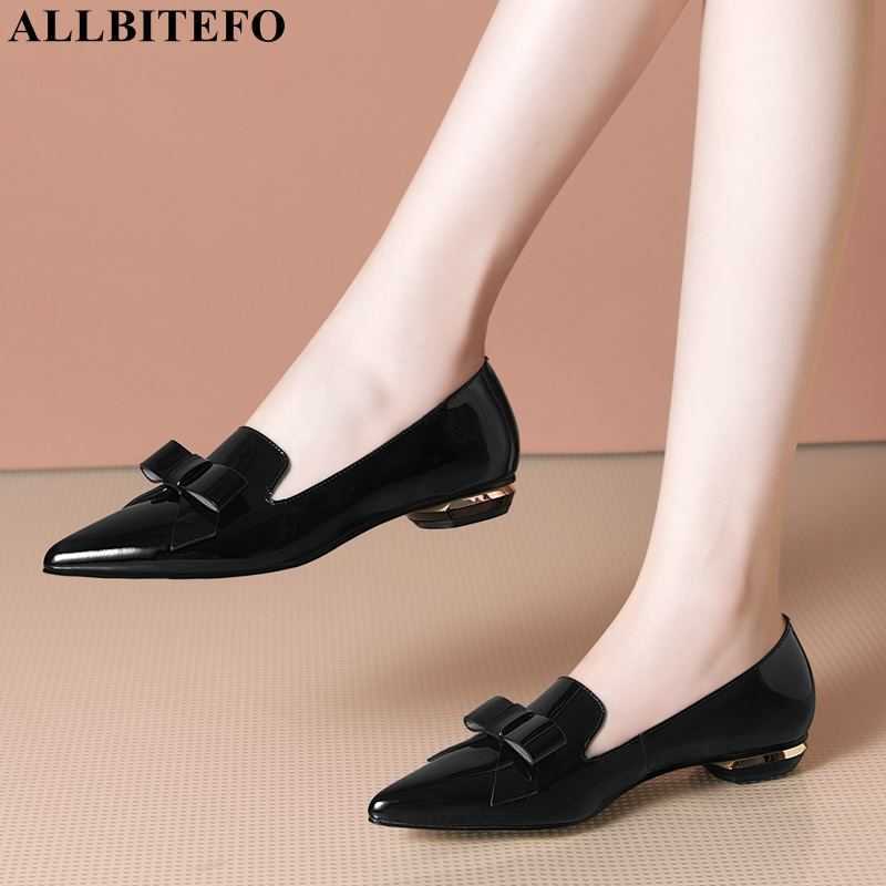 

ALLBITEFO full genuine leather low-heeled comfortable women shoes fashion bowtie thick heels office ladies shoes women heels 210611, As picture