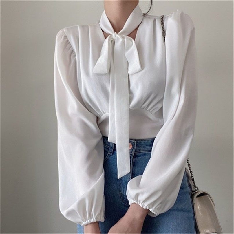 

Minimalist Korean Chic Elegance All Match Women OL Brief Female High Quality Streetwear Solid Sexy Shirts With Scarf 210525, White