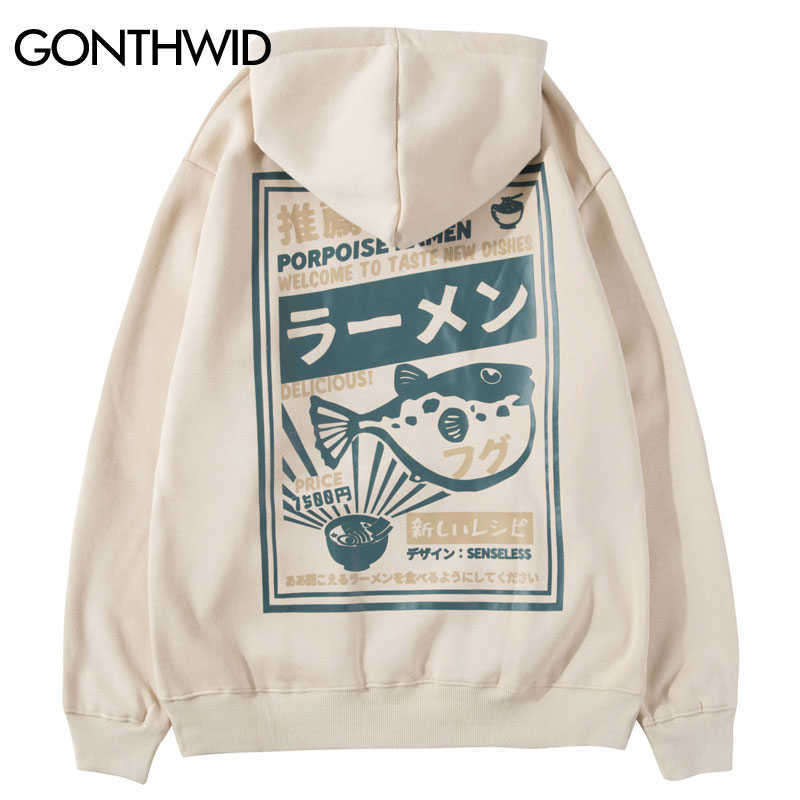 

GONTHWID Puffer Fish Ramen Print Fleece Hoodies Hip Hop Casual Pullover Hooded Sweatshirt Men Harajuku Casual Fashion Streetwear 210720, White
