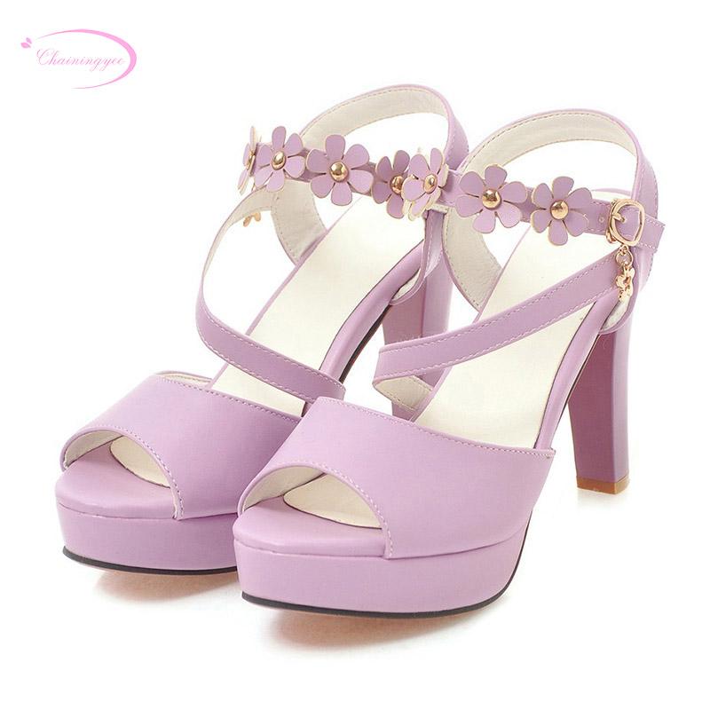 

Chainingyee Party Style Sexy Peep Toe Summer Sandals Fashion Rivets Flower Belt Buckle Platform High Heel Women's Shoes, Black