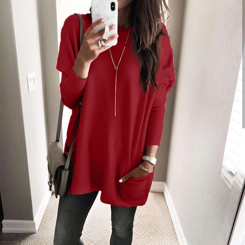 

Women' T-Shirt Long Women Autumn Winter Casual Loose Solid Pullover Round Neck Full Bating Sleeve Pockets Top Tee 2XL SJ3547C, Black