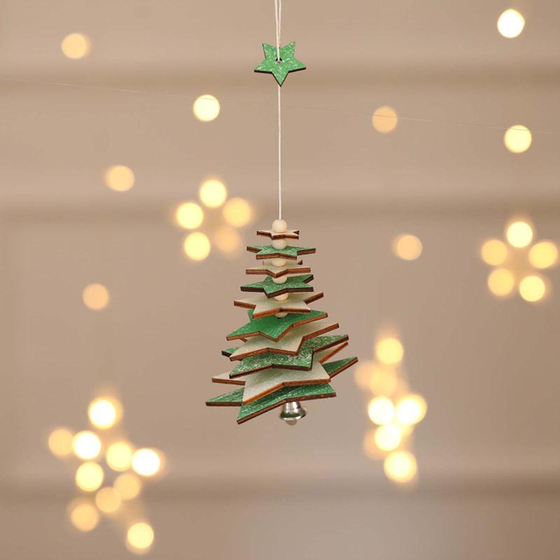 

Christmas Decorations 6/8Pcs Set 2022 Ornaments Snowflakes Bells Five-pointed Tree Pendants Wooden Hollow