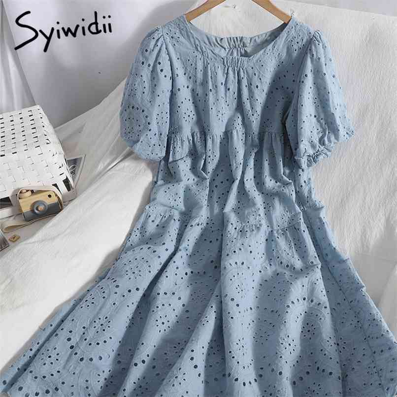 

Fashion Hook Flower Hollow Out High Waist Dresses Women Puff Sleeve O-Neck A-line Solid Clothing Summer Korean 210607, Beige