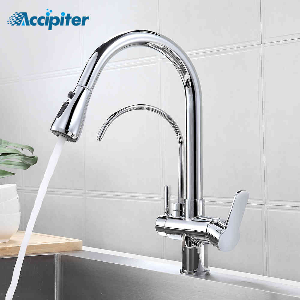 

Chrome Filter For Kitchen Faucets Pull-Out 360 Degree Rotating 3 Ways Tap Hot Cold Water Mixer Brass Tap Filter Water Faucet T200812