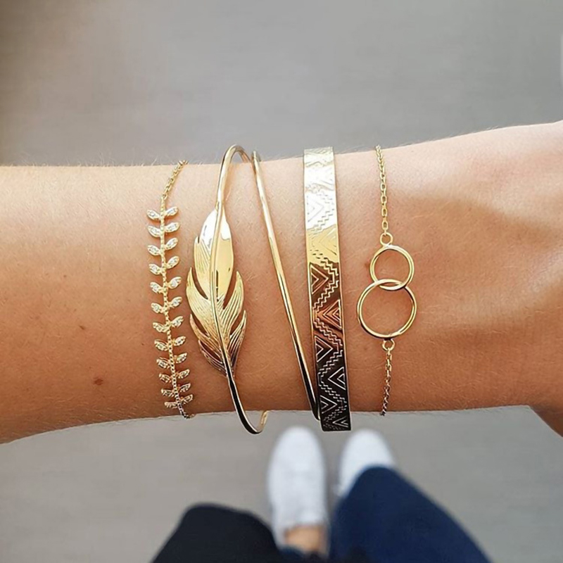 

5Pcs/set Bohemian Gold color Moon Leaf Crystal Opal Open Bracelet Set for Women Punk Boho Beach Bangle Jewelry Gift