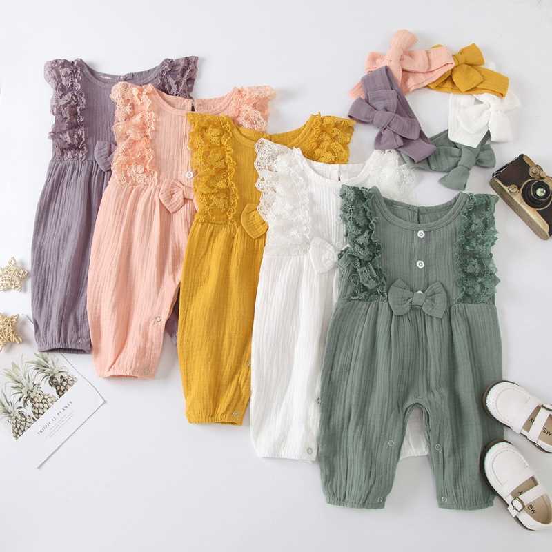 

Summer Baby Girl Lace Rompers born Girls Clothes Toddler Sleeveless Solid Design Jumpsuit With Headband s 210722