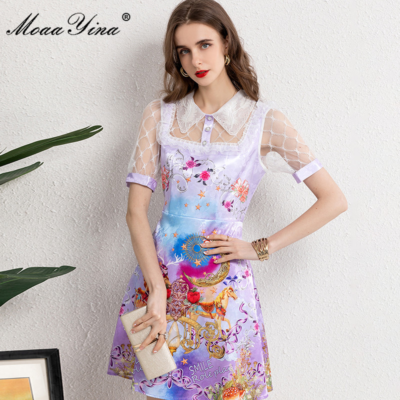 

Fashion Designer Summer Violet Floral Short Dress Women' Turn-down Collar Mesh sleeve print Vintage Mini 210524, Multi