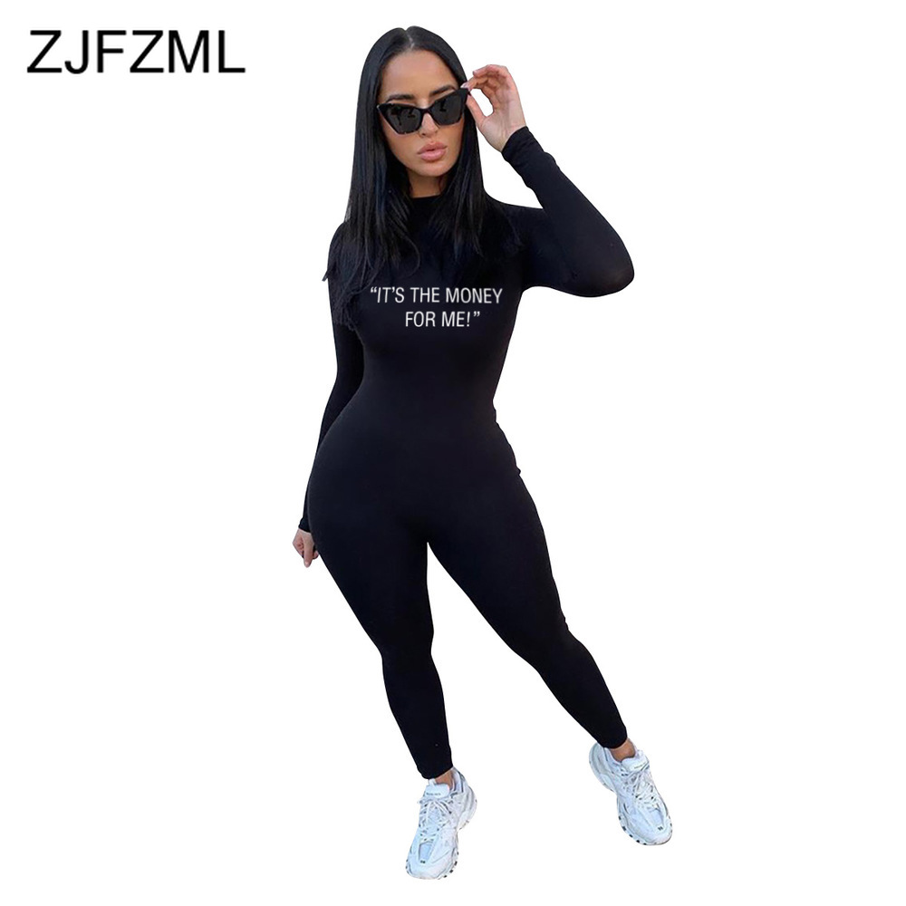 

Letter Print Streetwear Rompers Womens Jumpsuit Mock Neck Full Sleeve Party Club Bodysuit Fashion Female Slim One Piece Overall, G6036 black white