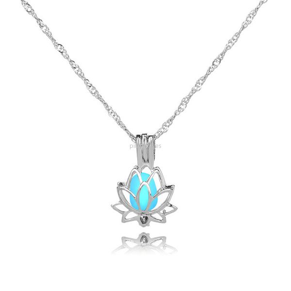

Lotus pendant Glow in the dark necklaces Luminous Flower locket cage necklace chains for women fashion jewelry will and sandy, Silver