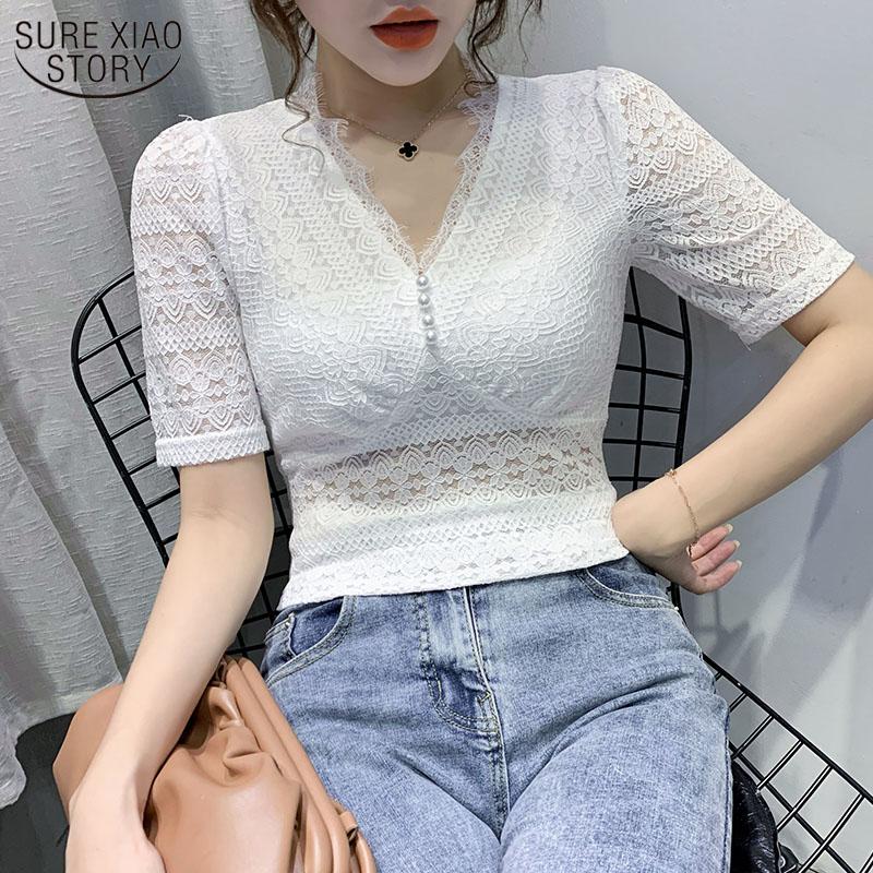 

Women's Blouses & Shirts Blusas Mujer Summer Feminine V-neck Lace Shirt Sexy Splicing Wild Short-sleeve Blouse Female Tops 14477, White