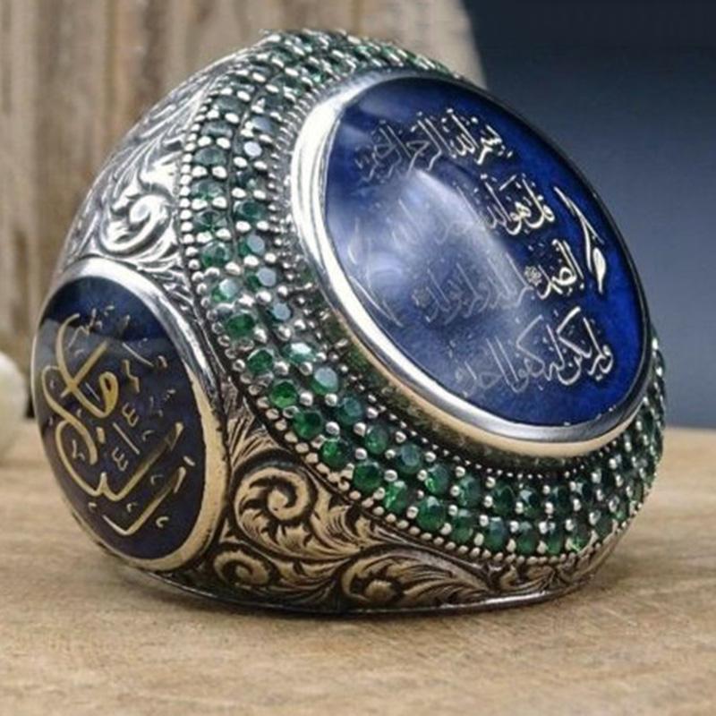 

Earrings & Necklace Vintage Turkish Islam Blue Crystal Islamic Finger Ring Men Punk Rock Hip Hop Saudi Muslim Ottoman Carved Pattern Rings J, Silver