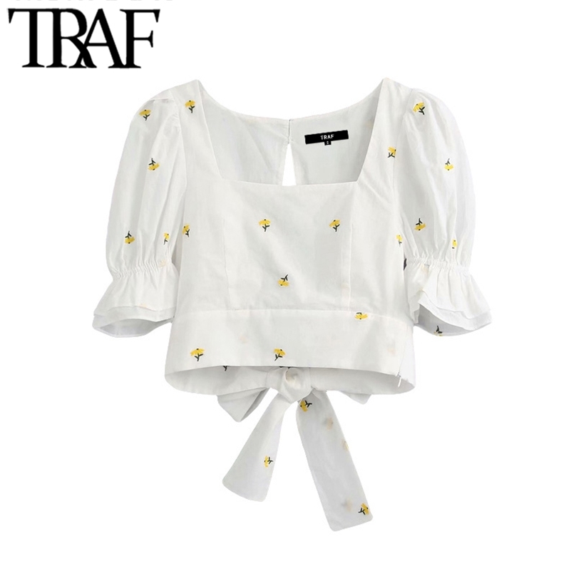 

TRAF Women Sweet Fashion Floral Embroidery Cropped Blouses Vintage Pull Sleeve Back Bow Tie Female Shirts Chic Tops 210719, As picture