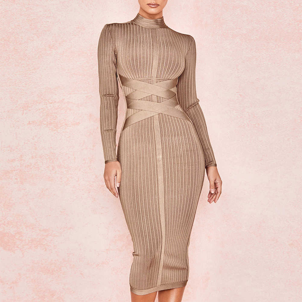 

Ocstrade Fall Winter Women Long Sleeve Bandage Dress Arrival Brown Ribbed Midi Bodycon Sexy Party 210527, Black