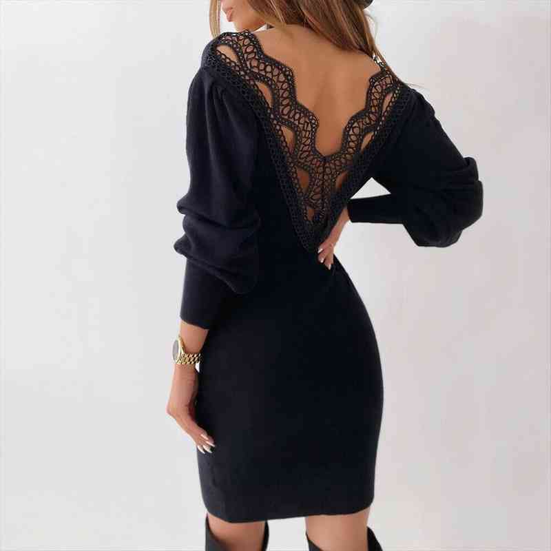 

women pure color backless hollow lace stitching v-neck long sleeve slim dress lantern sleeve bodycon dresses, Black;gray