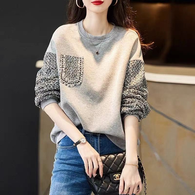 

European gray round neck sweater women' spring and autumn thin 2021 new fashion loose small fragrance coat