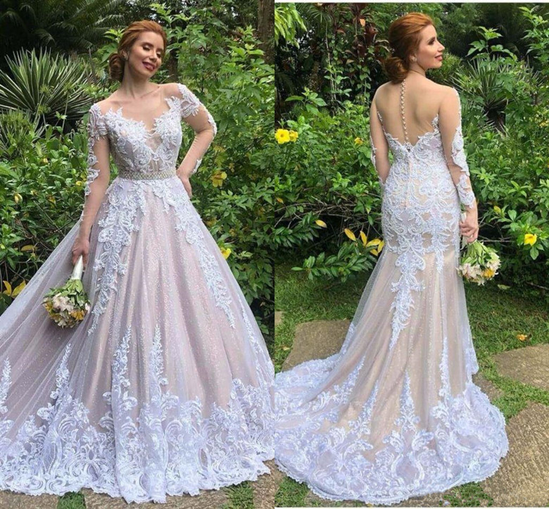 

Luxury Champagne Long Sleeves Lace Appliqued A-line Wedding Dress Vintage Saudi Arabia Dubai Plus Size Bridal Gown, Orange