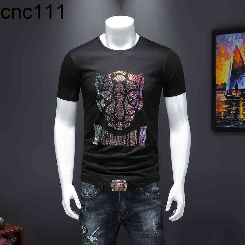 

2021 summer new men' mercerized cotton short-sleeved t-shirt tide brand slim hot diamond round neck trend bottoming shirt, White