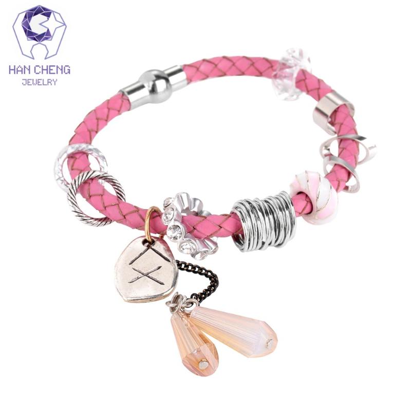 

HanCheng Boho Handmade Leather Rope Charm Bracelet Rhinestone Crystal Glass Beads Bracelets & Bangles For Women Jewelry Silver Beaded, Stran, Black