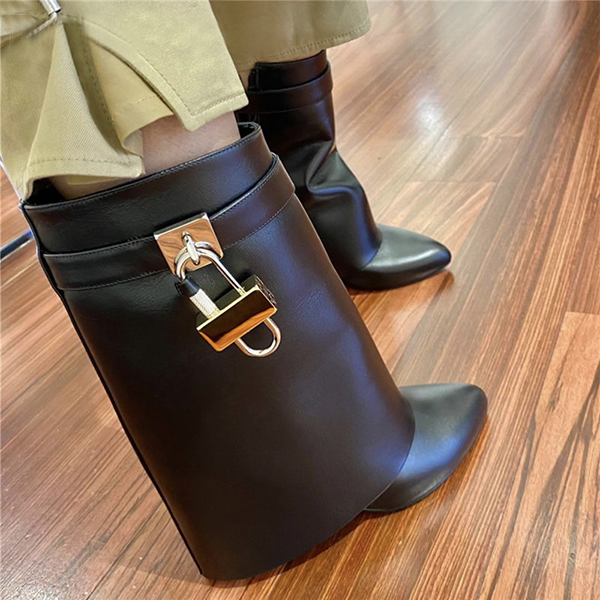 

New Arrival Buckle Strap Metal Shark Lock Ankle Boots Women Wedges Sexy Pointed Toe Black Beige Brown Solid Leather Botas Mujer Fashion Designer Padlock Shoes Female, Brown leather