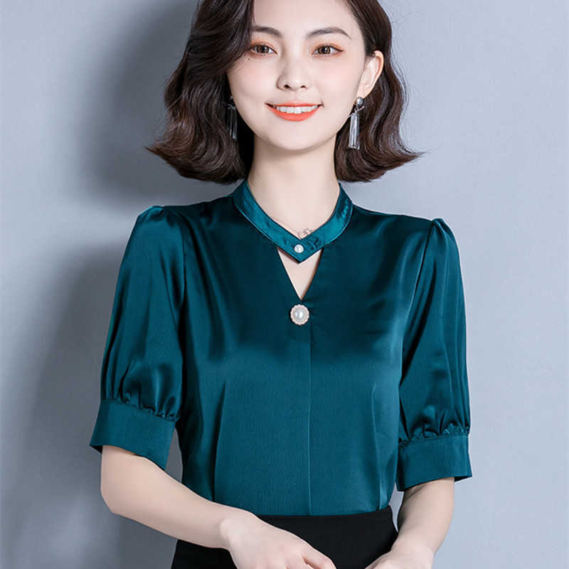 

Korean Silk Women Blouses Summer Woman Satin Shirt Elegant Solid OL Tops Plus Size Blusas Mujer De Moda 210604, Green
