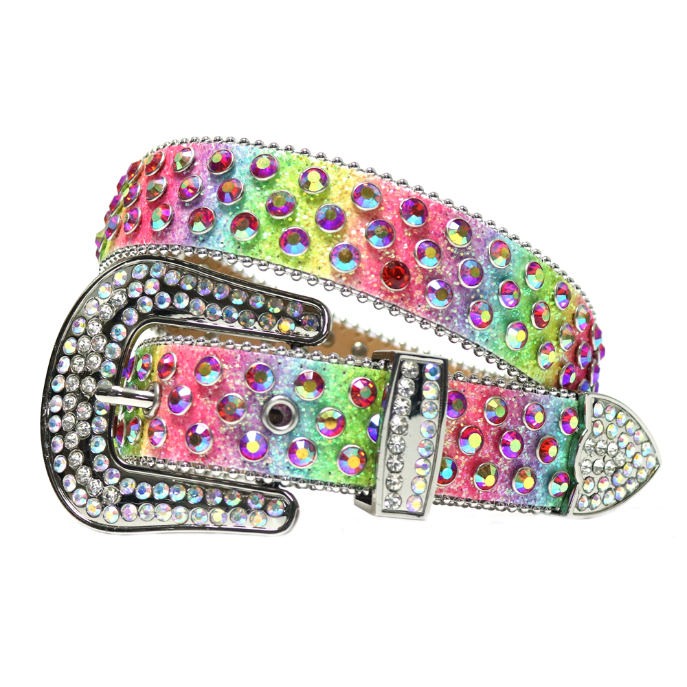 

Colorful Rainbow Luxury Strap Diamond Belts Cowgirl Cowboy Leather Western Rhinestones Studded Belt Pin Buckle For Men Women