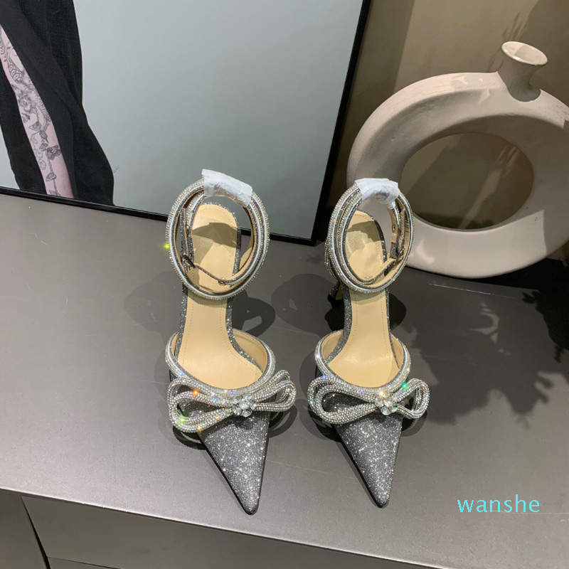 

fashion-Glitter Bowties Pumps 9cm Crystal Embellished rhinestone Evening shoes spool Heels sandals women heeled Luxurys Designers Dress shoe, Grey