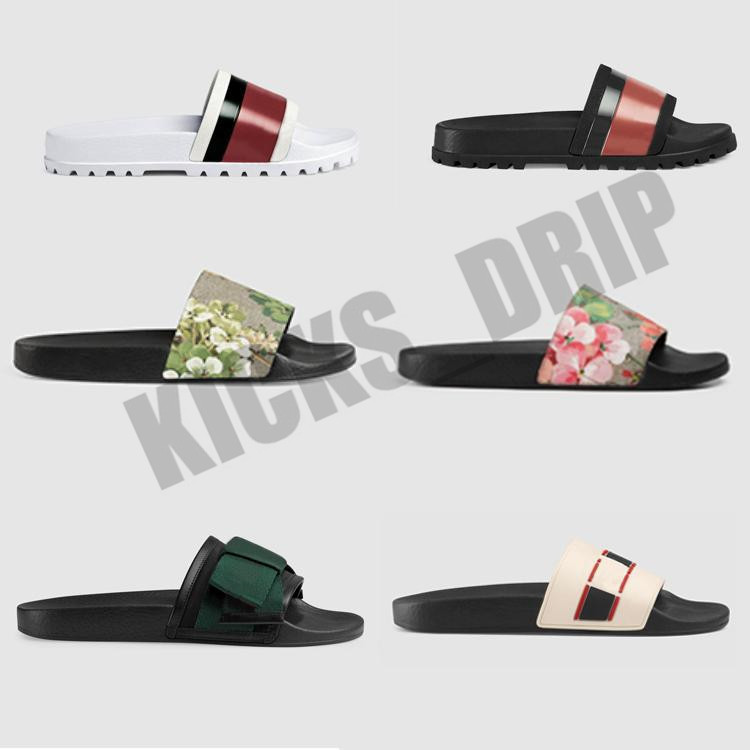 

New Rubber Slides Sandals Floral Brocade Women Men Slipper Gear Bottoms Flip Flops Womens Fashion Striped Beach Slippers WITH BOX GIFT