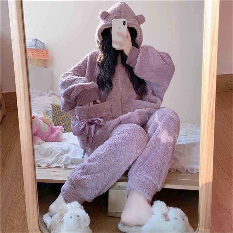 

Girls Warm Bow Hooded Nightwear Soft Suits Oversize Loose Sweet Chic Cute Homewear Casual Pajamas Sets 210525, Purple