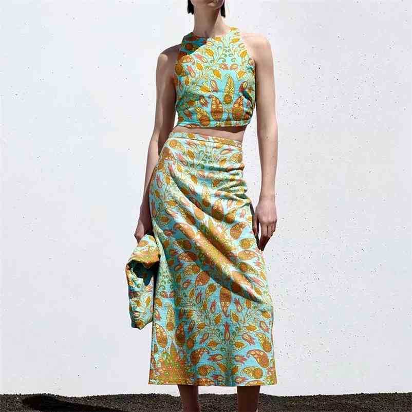 

Spring fashion suit printed hollow slit vest with zipper half-length skirt 210524