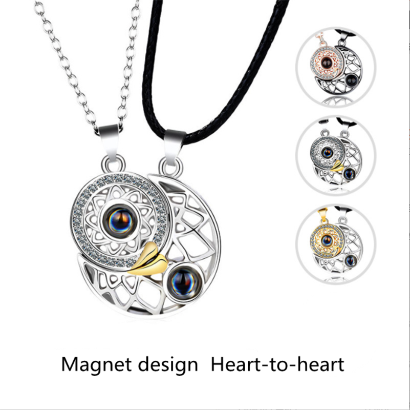 

Pendant Necklaces Couple Magnet Necklace 100 Languages Moon Star Lifetime Guardian Projection One Hundred I Love You Sun, Silver