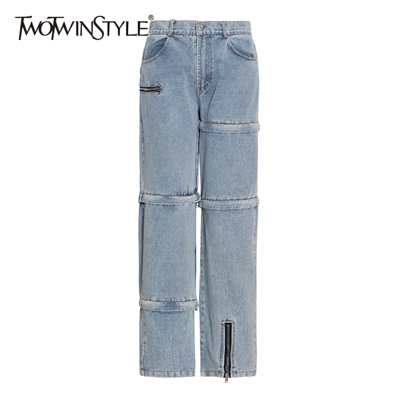 

Casual Patchwork Zipper Jeans For Women High Waist Hollow Out Streetwear Denim Pants Female Fashion Clothing 210521, Blue