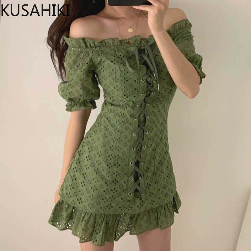 

Korea Chic Elegant Off Shouldert Dress Ruffle Cross Lace Up Sexy Slim Dresses Women Strapless Hollow-out Vestidos 6G710 210603, White