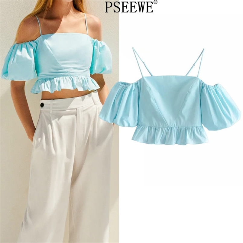 

Summer Blouses Women Blue Off Shoulder Top Woman Fashion Ruffle Short Puff Sleeve Crop Female Beach Tunic 210519, Tie dye