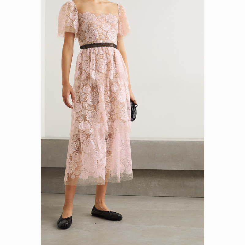 Casual Dresses Vintage Elegant Rose Flower Self Portrait Pink SP Party Birghday Night Women Summer Embroidery Midi Dress 1ST4-image-699406464