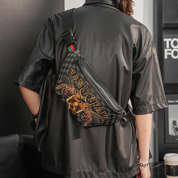 

wholesale men leathers shoulder bags exquisitely embroidered fashion purses street trend contrast color leather handbag outdoor personality plaid backpacks, Black
