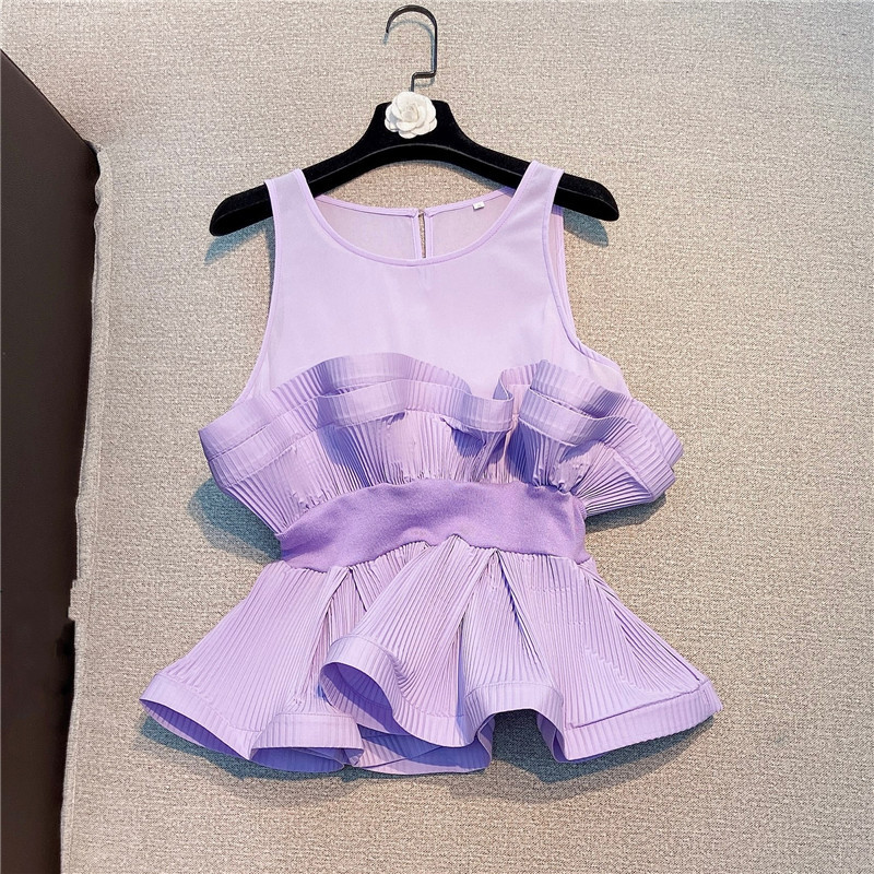 

Women T-shirt Chiffon Pleated Sleeveless O-neck Collar Fashion Ladies Spring Summer s HR337 210525, Yellow